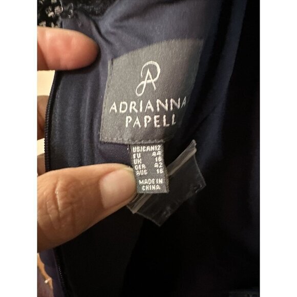 ADRIANNA Papell Blue Lace Dress Side Draped Ruched Sheer 3/4 Sleeve, Size 12 M5 - Picture 3 of 13